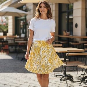 Ann Taylor LOFT Yellow White Leaf Print Linen Blend Mini Skirt Size 8